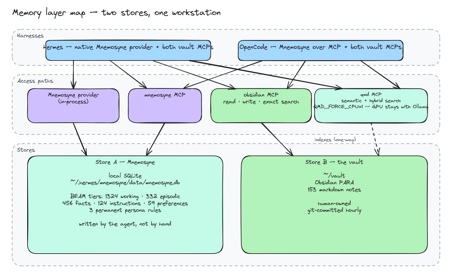 Memory layer map: two stores, their access paths, and the harnesses that reach them
